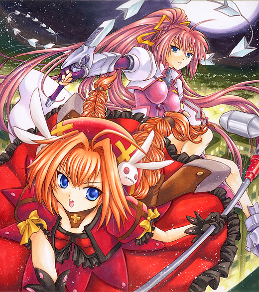 bad_id blue_eyes braid gloves graf_eisen hat levantine long_hair mahou_shoujo_lyrical_nanoha mahou_shoujo_lyrical_nanoha_a's mahou_shoujo_lyrical_nanoha_a's multiple_girls pemoko pink_hair ponytail red_hair redhead signum traditional_media twin_braids very_long_hair vita