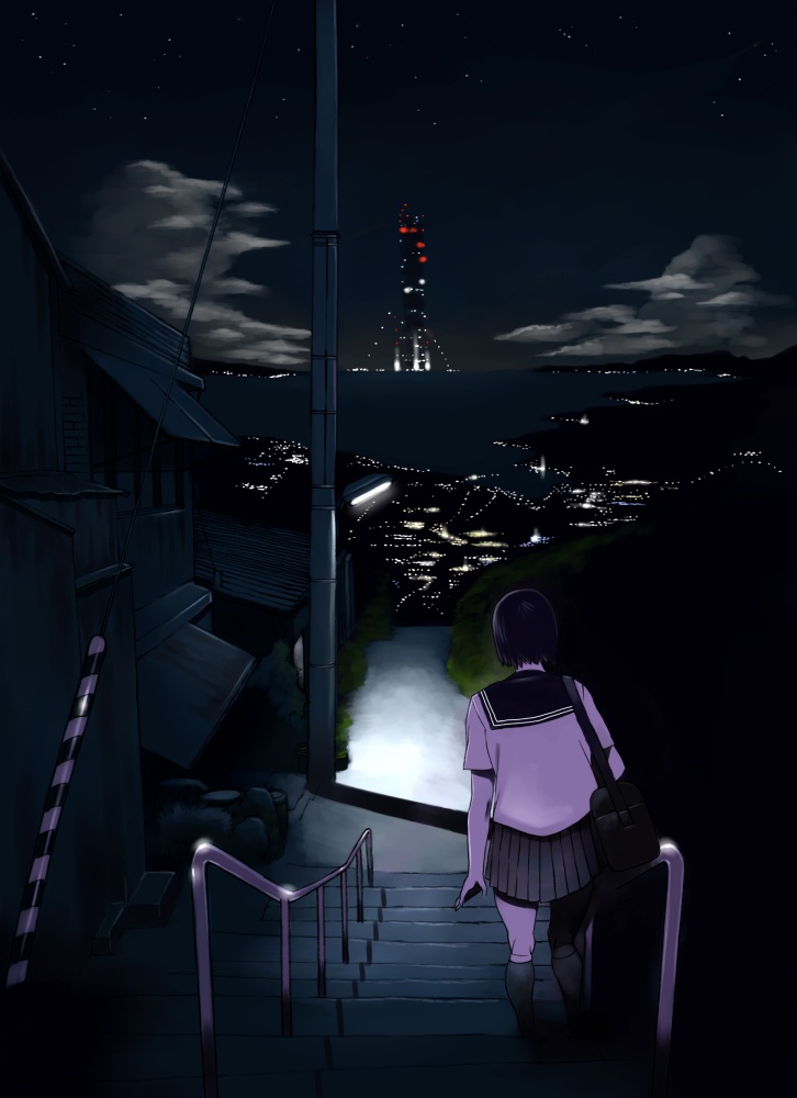 bag black_hair city cityscape cloud clouds lights night ocean original power_lines railing rails scenery school_uniform shiira shoulder_bag sky solo stairs star star_(sky) starry_sky tower water