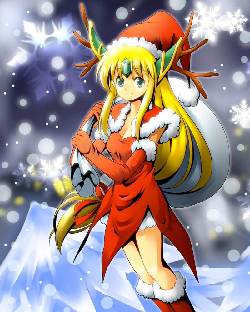 1girl blonde_hair christmas elbow_gloves gloves green_eyes hat long_hair looking_at_viewer riesz santa_hat seiken_densetsu seiken_densetsu_3 smile snowflakes solo tsurukou_(tksymkw) very_long_hair