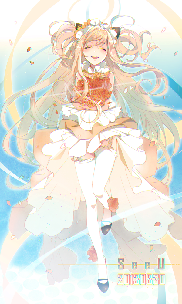1girl ^_^ animal_ears blonde_hair bouquet cat_ears character_name closed_eyes dress flower garter_straps layered_dress long_hair object_hug open_mouth petals seeu smile solo standing_on_one_leg streamers thigh-highs tuuuh very_long_hair vocaloid white_legwear