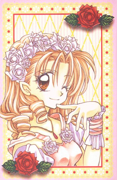 1girl 90s argyle argyle_background brown_eyes brown_hair bust curly_hair flower hair_flower hair_ornament jewelry long_hair necklace official_art red_rose rose scan smile solo suomi_kyouko tanemura_arina time_stranger_kyoko white_rose wink wrist_cuffs