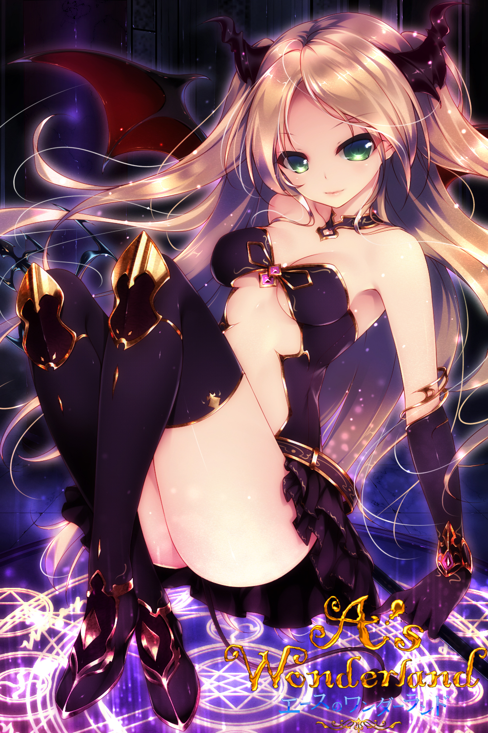 1girl a's_wonderland bare_shoulders black_legwear blonde_hair boots copyright_name demon_tail demon_wings gloves green_eyes hexagram highres horns light_smile lips long_hair looking_at_viewer magic_circle midriff shiny shiny_skin shokuyou_mogura small_breasts solo tail thigh_boots thighhighs thighs very_long_hair wings