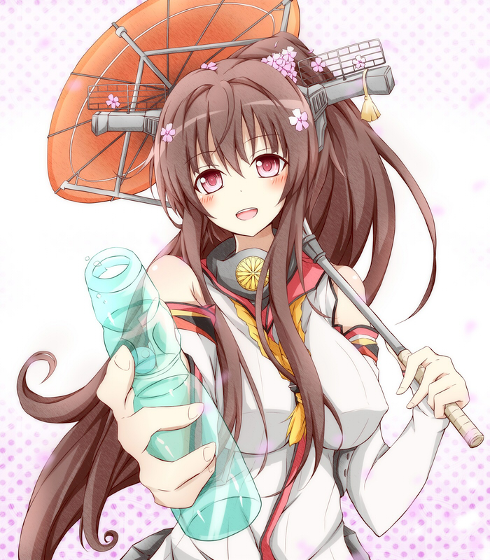 1girl bare_shoulders bottle breasts brown_hair detached_sleeves flower hair_flower hair_ornament kantai_collection karamoneeze lamune large_breasts long_hair long_sleeves looking_at_viewer open_mouth oriental_umbrella pink_eyes shirt skirt smile solo umbrella very_long_hair yamato_(kantai_collection)