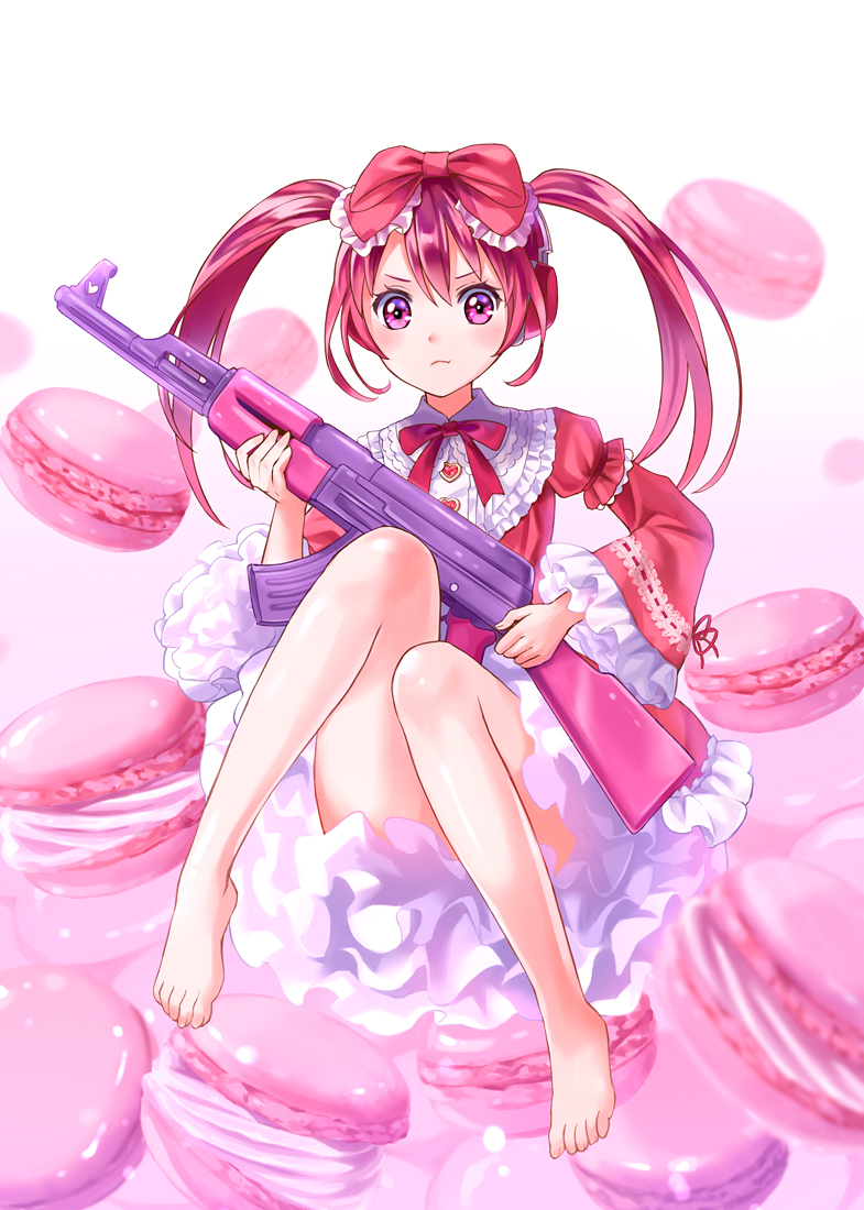 1girl barefoot dress feet gun hair_ribbon hario_(morsk) legs long_hair macaron pastry pink_eyes pink_hair ribbon rifle solo toes twintails weapon