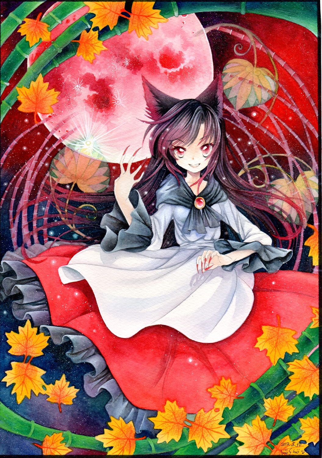 animal_ears autumn_leaves bamboo brooch brown_dress dress fingernails flower frame full_moon highres imaizumi_kagerou jewelry long_fingernails long_hair long_sleeves looking_at_viewer moon mosho pencil_crayon_(medium) pink_eyes red_moon red_nails red_sky shirt skirt sky smile tail touhou traditional_media very_long_hair watercolor_(medium) wide_sleeves wolf_ears wolf_tail
