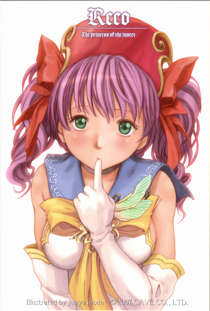 1girl 2007 artist_name blush bow character_name choker finger_to_mouth gloves green_eyes hair_bow headdress inoue_jun'ya mushihime-sama mushihime-sama_futari necktie purple_hair reco sailor_collar scan short_hair solo twintails white_background