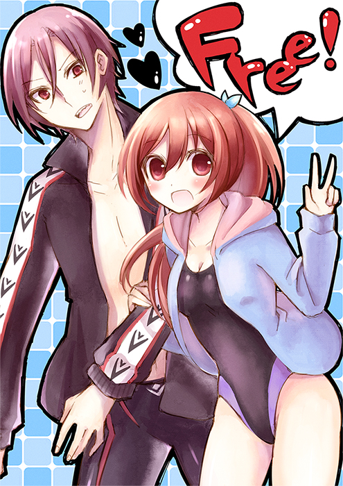 1boy 1girl :d arm_holding ayuko_(ayuco) brother_and_sister competition_swimsuit copyright_name free! heart hoodie jacket jammers long_hair matsuoka_gou matsuoka_rin one-piece_swimsuit open_clothes open_hoodie open_jacket open_mouth ponytail red_eyes redhead sharp_teeth short_hair siblings smile speech_bubble swimsuit v