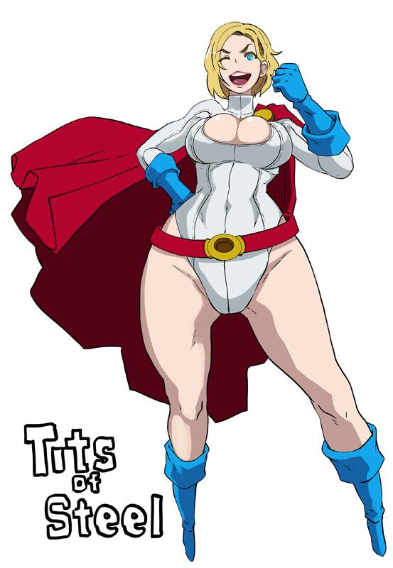 1girl belt blonde_hair blue_eyes boots breasts cape cleavage cleavage_cutout clothed_navel dc_comics english eroquis gloves large_breasts leotard lips open_mouth power_girl short_hair solo wink