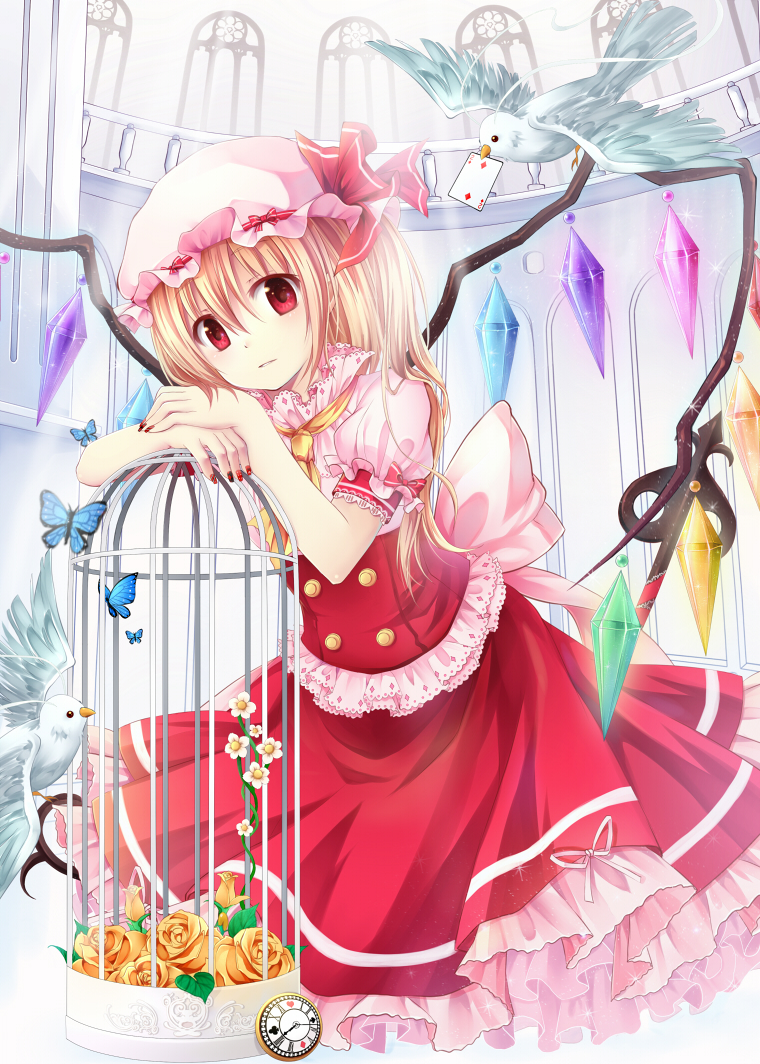 1girl ascot bird birdcage blonde_hair butterfly cage card clock flandre_scarlet flower gyaza hat hat_ribbon looking_at_viewer mob_cap puffy_sleeves red_eyes ribbon rose shirt short_sleeves side_ponytail skirt skirt_set solo touhou vest wings yellow_rose