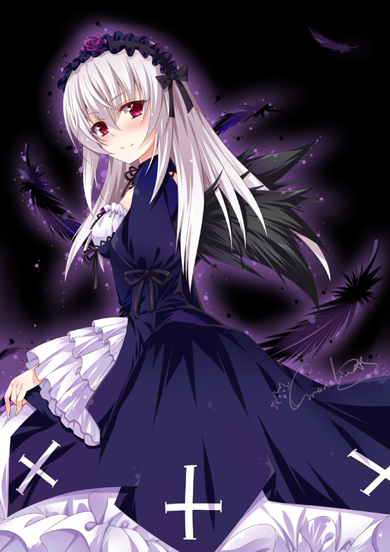 1girl aura black_dress black_wings blush cross darkness dress feathers gothic_lolita grandia_(artist) hairband juliet_sleeves layered_dress lolita_fashion lolita_hairband long_hair long_sleeves looking_at_viewer pink_eyes puffy_sleeves rozen_maiden signature silver_hair smile solo suigintou turning white_dress wide_sleeves wings