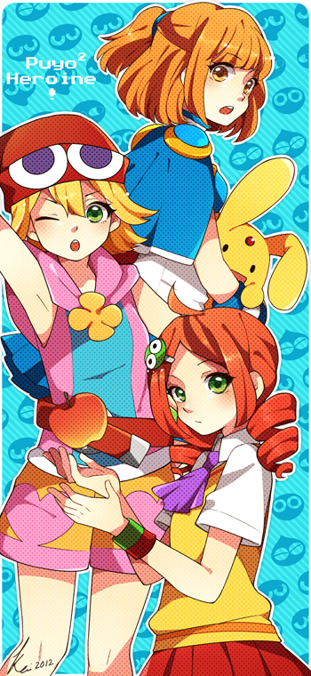 2012 3girls ahoge amitie andou_ringo apple aqua_background arle_nadja arm_up armpits blonde_hair brown_eyes brown_hair capelet carbuncle_(puyopuyo) creature drill_hair food fruit green_eyes hair_ornament hairclip half_updo hat hoodie kei-chan_(atlas_kei) madou_monogatari multiple_girls necktie object_namesake puyo_(puyopuyo) puyopuyo puyopuyo_7 puyopuyo_fever redhead school_uniform short_hair shorts signature sleeveless sleeveless_shirt sweater_vest twin_drills twintails wink wrist_cuffs