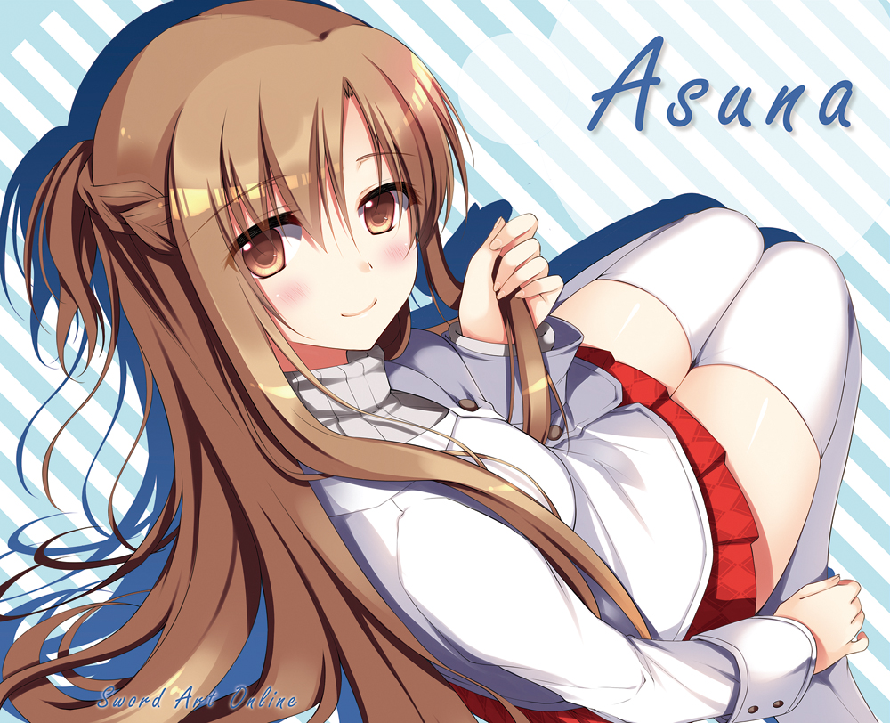 1girl asuna_(sao) brown_eyes brown_hair long_hair sousouman sweater sword_art_online thighhighs yuuki_asuna