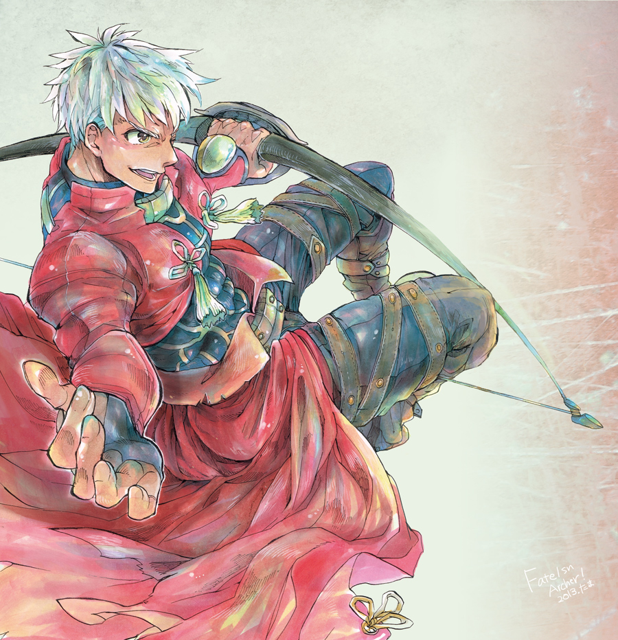 1boy archer bow_(weapon) brown_eyes dark_skin fate/stay_night fate_(series) marker_(medium) ousaka_tama solo traditional_media weapon white_hair