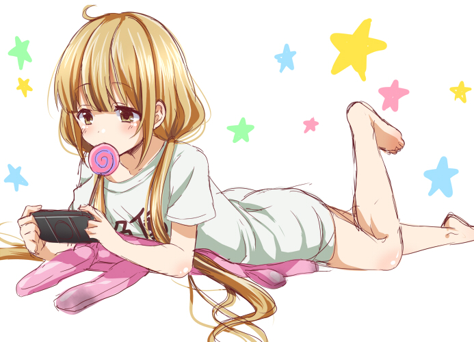 1girl barefoot blonde_hair brown_eyes candy futaba_anzu idolmaster idolmaster_cinderella_girls leg_up lollipop long_hair low_twintails lying mouth_hold on_stomach playing_games playstation_portable solo star stuffed_animal stuffed_bunny stuffed_toy tottoto_tomekichi twintails