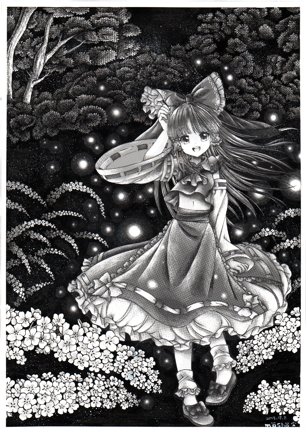 1girl ankle_socks artist_name ascot bow cherry_blossoms dated detached_sleeves fireflies hair_bow hakurei_reimu hand_on_own_head highres long_hair looking_at_viewer midriff monochrome mosho navel nib_pen_(medium) open_mouth petticoat skirt skirt_set solo touhou traditional_media tree