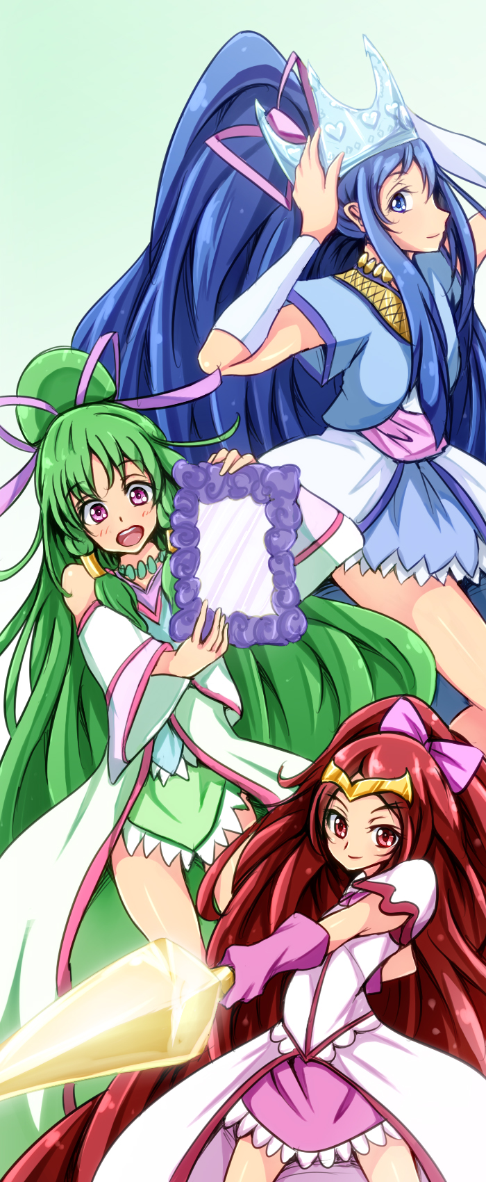 3girls :d blue_eyes blue_hair crown cure_empress dokidoki!_precure gloves green_hair highres long_hair mirror multiple_girls open_mouth p-chan_(mitsuta52) pink_eyes polearm ponytail precure red_eyes redhead smile spear weapon