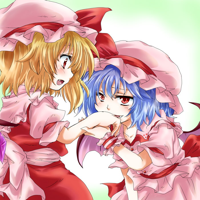 2girls bat_wings blonde_hair blue_hair blush bow eye_contact fang flandre_scarlet gradient gradient_background hand_on_mouth hat hat_ribbon looking_at_another mob_cap multiple_girls open_mouth red_eyes remilia_scarlet ribbon short_hair siblings simple_background sisters skirt skirt_set touhou unya wings wrist_cuffs wrist_grab