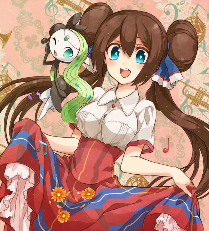 1girl alternate_costume aqua_eyes blouse brown_hair double_bun dress dress_lift flower hair_ribbon instrument irouha long_hair mei_(pokemon) meloetta musical_note open_mouth pokemon pokemon_(creature) pokemon_(game) pokemon_bw2 pokewood ribbon twintails