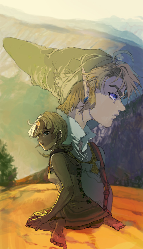 1boy 1girl ayana_(tannsann) bare_shoulders barefoot blonde_hair blue_eyes brown_eyes earrings from_behind hat ilia jewelry link looking_at_viewer looking_over_shoulder mountain nintendo parted_lips pointy_ears profile sitting sleeveless the_legend_of_zelda twilight_princess wariza