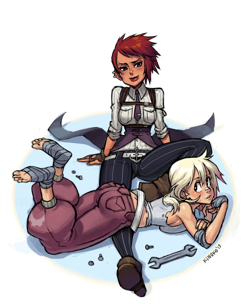 2girls anchor ankle_boots ankle_wraps armpit_holster ass belt blush boots breast_press breasts cap_(tyson_hesse) diesel_(tyson_hesse) ear_piercing elbow_pads eyebrow_piercing fingerless_gloves gloves holster kinuko_(fever_chill) large_breasts lip_piercing lips lipstick makeup multiple_girls necktie nose_piercing on_stomach original pants piercing pinstripe_pattern platinum_blonde redhead shirt short_hair sleeves_rolled_up toes vest white_background wrench