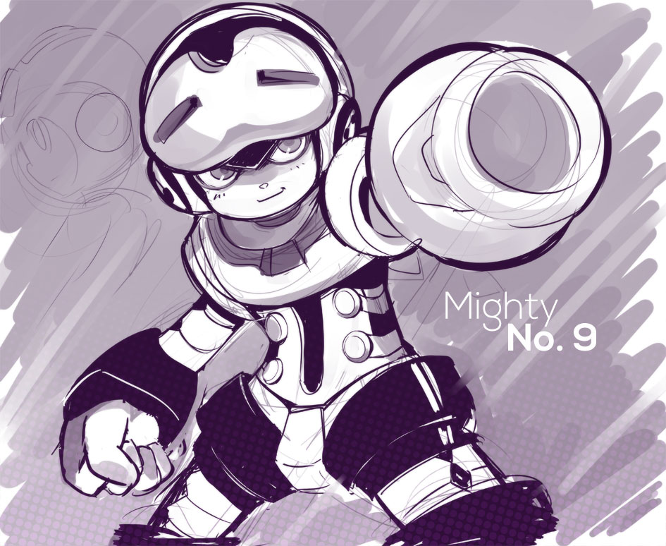 1boy arm_cannon beck_(mighty_no._9) cameo clenched_hand copyright_name helmet light_smile mighty_no._9 monochrome robot rockman rockman_(character) rockman_(classic) sho-n-d solo weapon