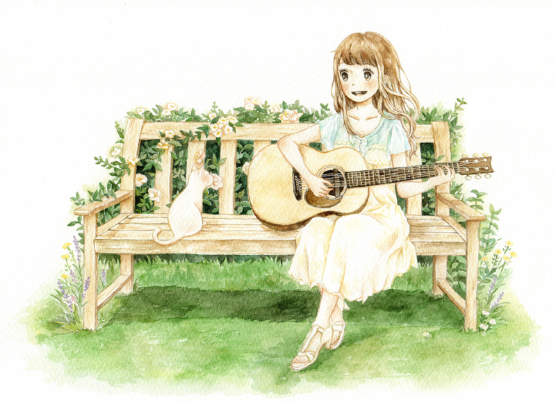 1girl bench brown_eyes brown_hair cat dress flower guitar high_heels instrument long_hair original sandals sitting smile solo tokoyu