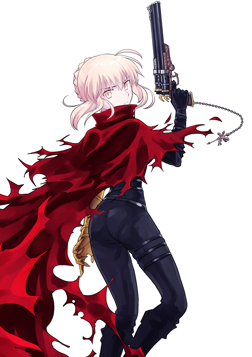 1girl angry artoria_pendragon_(fate) belt black_belt black_bodysuit black_gloves blonde_hair bodysuit braid cape chain cosplay dirge_of_cerberus_final_fantasy_vii fate/grand_order fate_(series) final_fantasy final_fantasy_vii frown gloves gun holding holding_gun holding_weapon multiple_belts red_cape saber_alter solo thigh_belt thigh_strap torn_cape torn_clothes vincent_valentine vincent_valentine_(cosplay) weapon white_background white_eyes yumechi