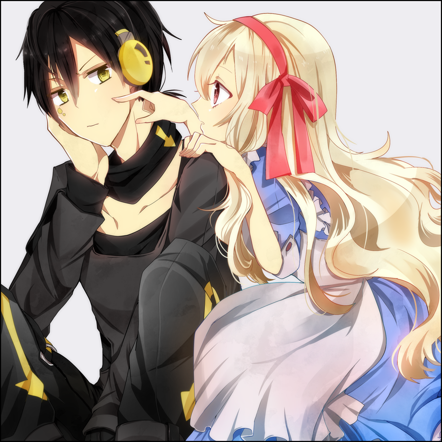 1boy 1girl black_hair blonde_hair directional_arrow dress headphones kagerou_project konoha_(kagerou_project) long_hair mary_(kagerou_project) poking red_eyes ringoro scarf short_hair short_ponytail simple_background