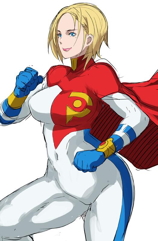 1girl alien alternate_costume blonde_hair blue_eyes bodysuit breasts cape clothed_navel dc_comics eroquis gloves kryptonian large_breasts lips power_girl short_hair smile solo thick_thighs thighs
