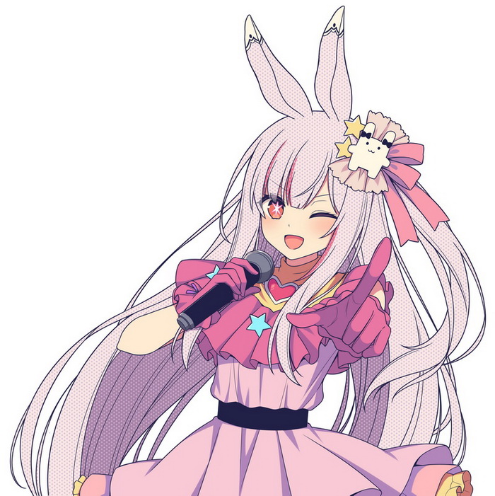 1girl ;d animal_ears cosplay dress gloves grey_hair hitsuki_rei holding holding_microphone hoshino_ai_(oshi_no_ko) hoshino_ai_(oshi_no_ko)_(cosplay) indie_virtual_youtuber long_hair looking_at_viewer microphone multicolored_hair nica_wolper one_eye_closed one_side_up oshi_no_ko outstretched_arm pink_dress pink_gloves pink_hair pointing pointing_at_viewer rabbit_ears red_eyes simple_background smile solo star_(symbol) streaked_hair symbol-shaped_pupils very_long_hair virtual_youtuber white_background