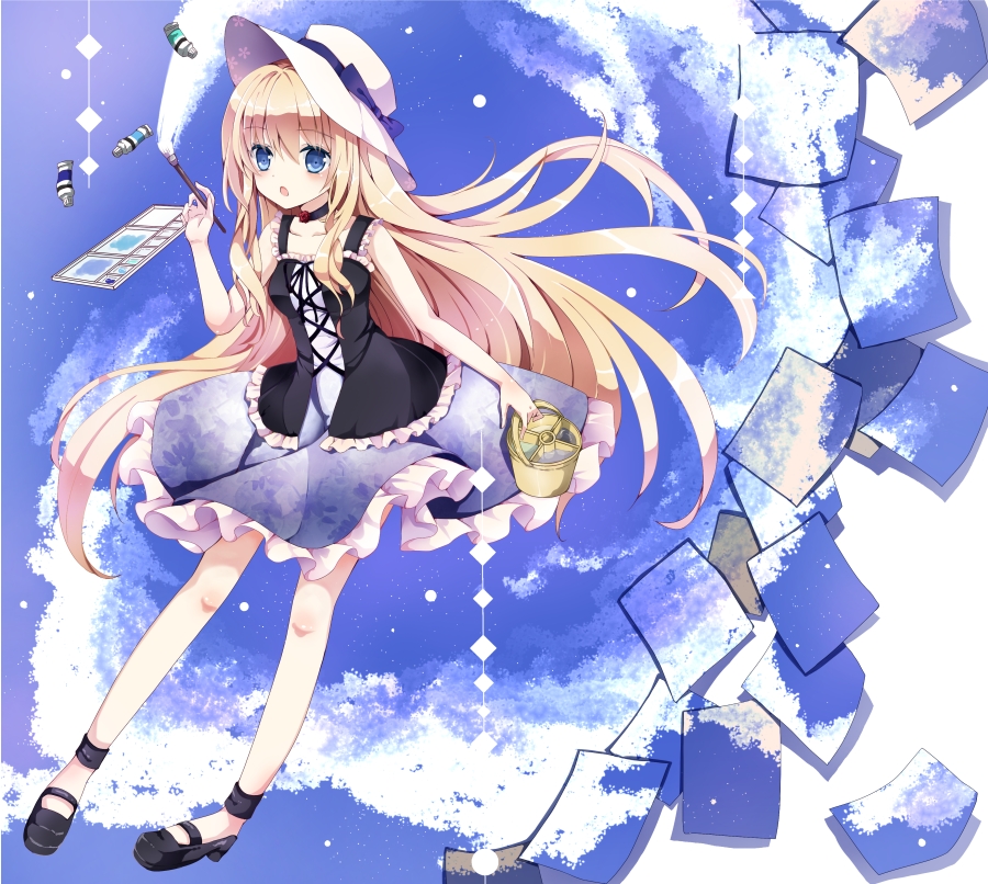 1girl art_brush black_heels blonde_hair blue_eyes blush clouds hat long_hair nanase_nao open_mouth original paint paintbrush palette skirt sky solo very_long_hair