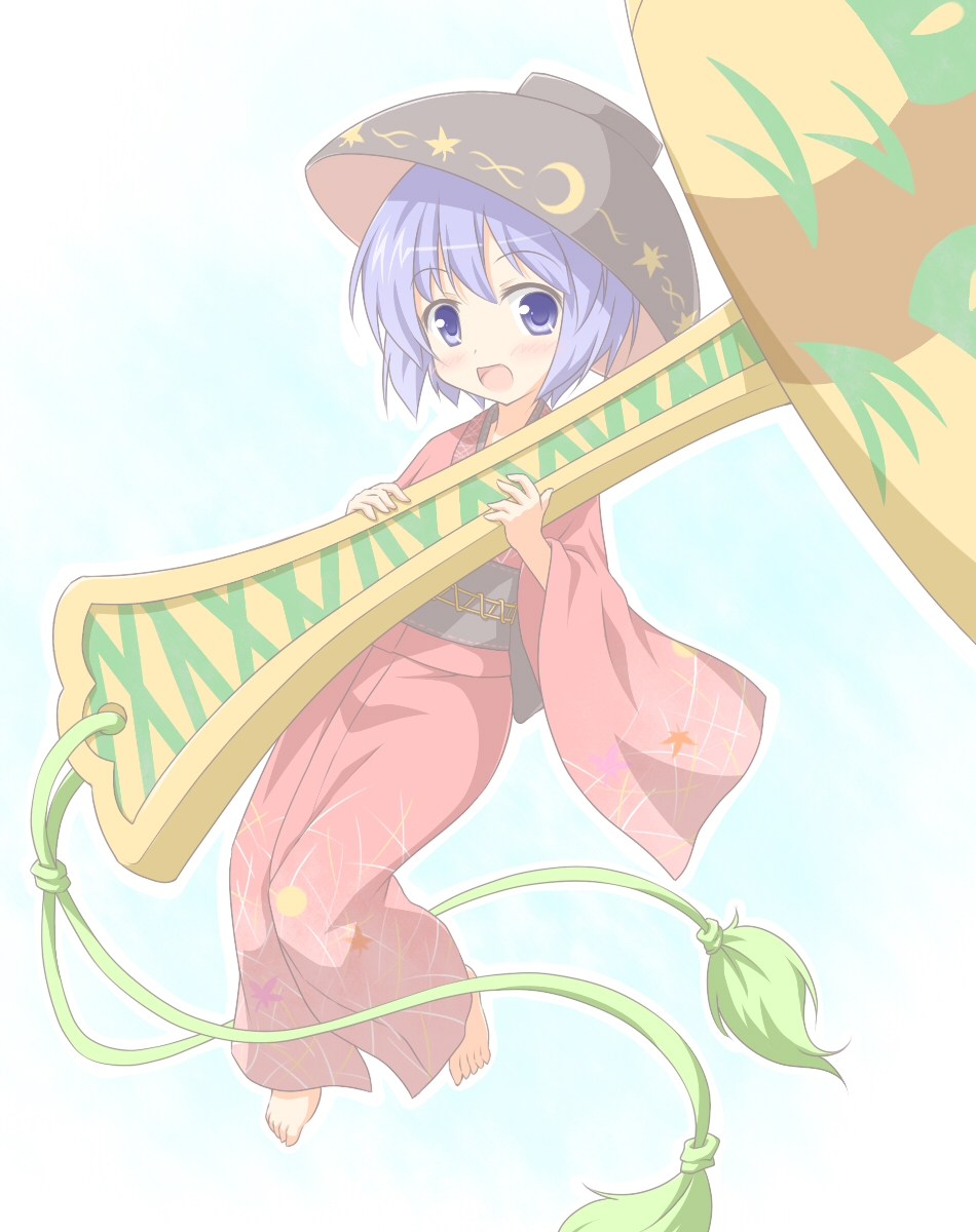 1girl barefoot bowl hat highres japanese_clothes mallet minigirl open_mouth purple_hair shino_megumi short_hair smile solo sukuna_shinmyoumaru touhou violet_eyes