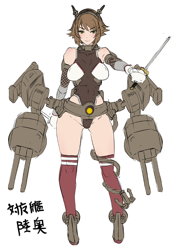 1girl ankle_boots bare_shoulders blush boots breasts brown_hair cannon dual_wielding eroquis fishnets flat_color gloves green_eyes kantai_collection kneehighs leotard mecha_musume mutsu_(kantai_collection) ninjatou personification red_legwear reverse_grip short_hair short_sword smile solo sword weapon white_gloves