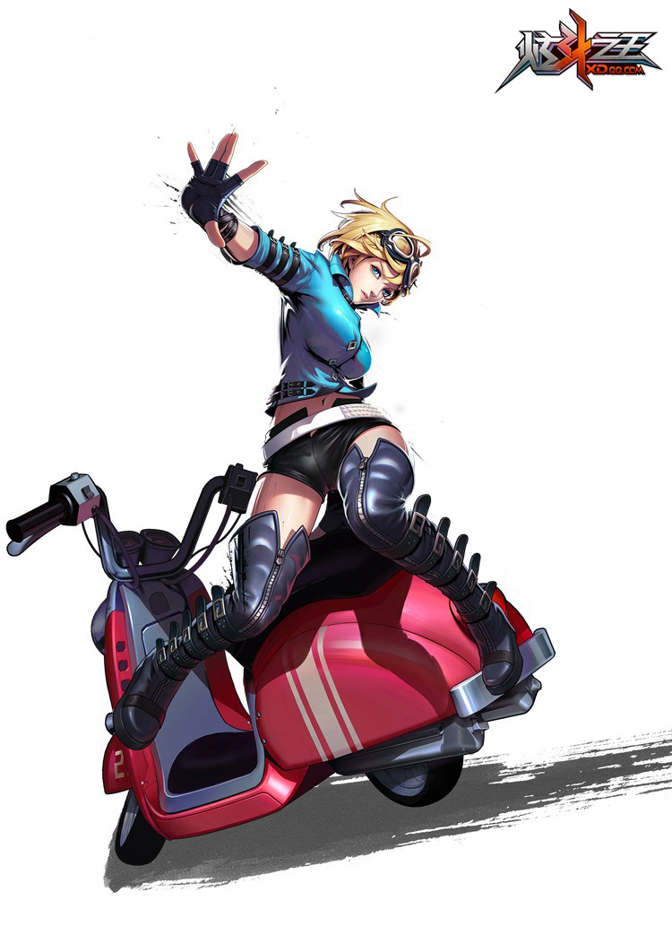 1girl alternate_costume belt biker_clothes blonde_hair blue_eyes boots breasts claire_fox copyright_name fingerless_gloves gloves goggles goggles_on_head jacket large_breasts motor_vehicle navel official_art open_fly scooter short_hair short_shorts short_sleeves shorts solo tencent_qq thigh-highs thigh_boots unzipped vehicle vespa xuan_dou_zhi_wang zipper