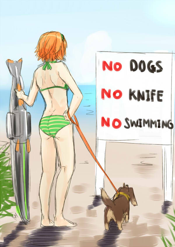 1girl ass back barefoot bikini commentary_request dog dog_walking from_behind hairband hand_on_hip leash nabeshima_tetsuhiro orange_hair rough short_hair sign striped striped_bikini striped_swimsuit swimsuit weapon