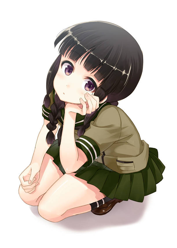 1girl black_hair braid braided_hair from_above hand_on_own_cheek hyuuga_azuri kantai_collection kitakami_(kantai_collection) looking_at_viewer personification school_uniform solo squatting violet_eyes