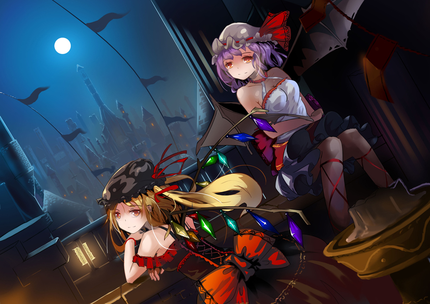 2girls alternate_costume arm_rest balcony bare_arms bare_shoulders bat_wings blonde_hair bow breasts candlestand castle choker cleavage cross-laced_clothes dutch_angle flandre_scarlet full_moon hat hat_ribbon head_rest lavender_hair leg_ribbon light_smile looking_at_viewer looking_away looking_over_shoulder mob_cap moon multiple_girls night pennant railing red_eyes remilia_scarlet ribbon short_hair siblings side_ponytail sisters sitting skirt tank_top terric touhou wings