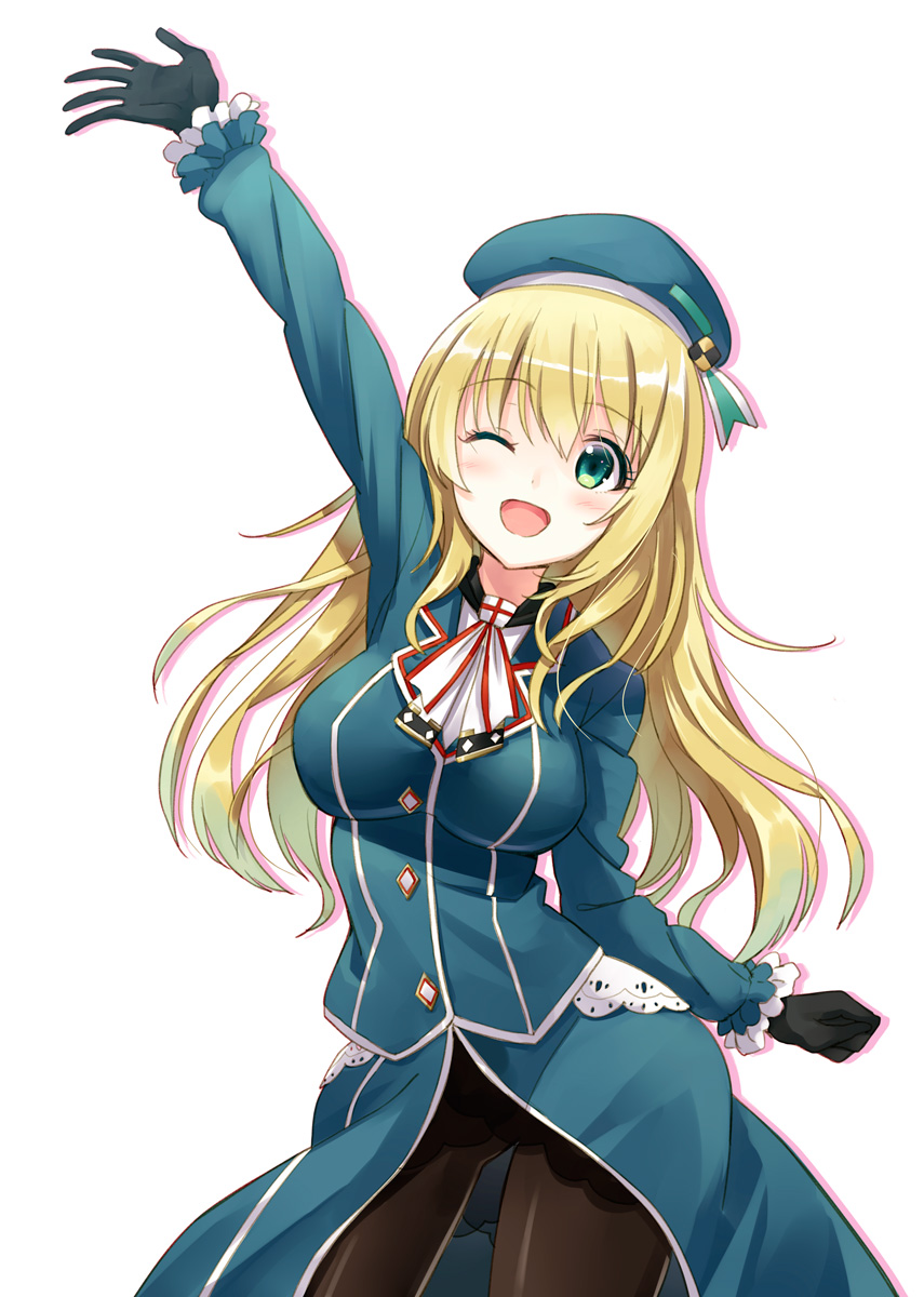 1girl atago_(kantai_collection) blonde_hair breasts gloves green_eyes hat highres hyuuga_azuri kantai_collection large_breasts long_hair looking_at_viewer open_mouth pantyhose personification solo waving wink