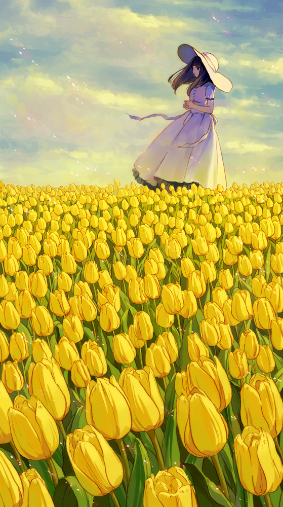 1girl akiyamabc brown_hair clouds dress field flower flower_field hat long_hair nature original scenery sky solo standing sun_hat tulip white_dress wind