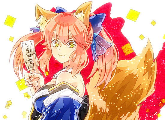 1girl :3 animal_ears caster_(fate/extra) detached_sleeves fate/extra fate_(series) fox_ears hair_ribbon mizudokei ofuda pink_hair ribbon solo twintails yellow_eyes