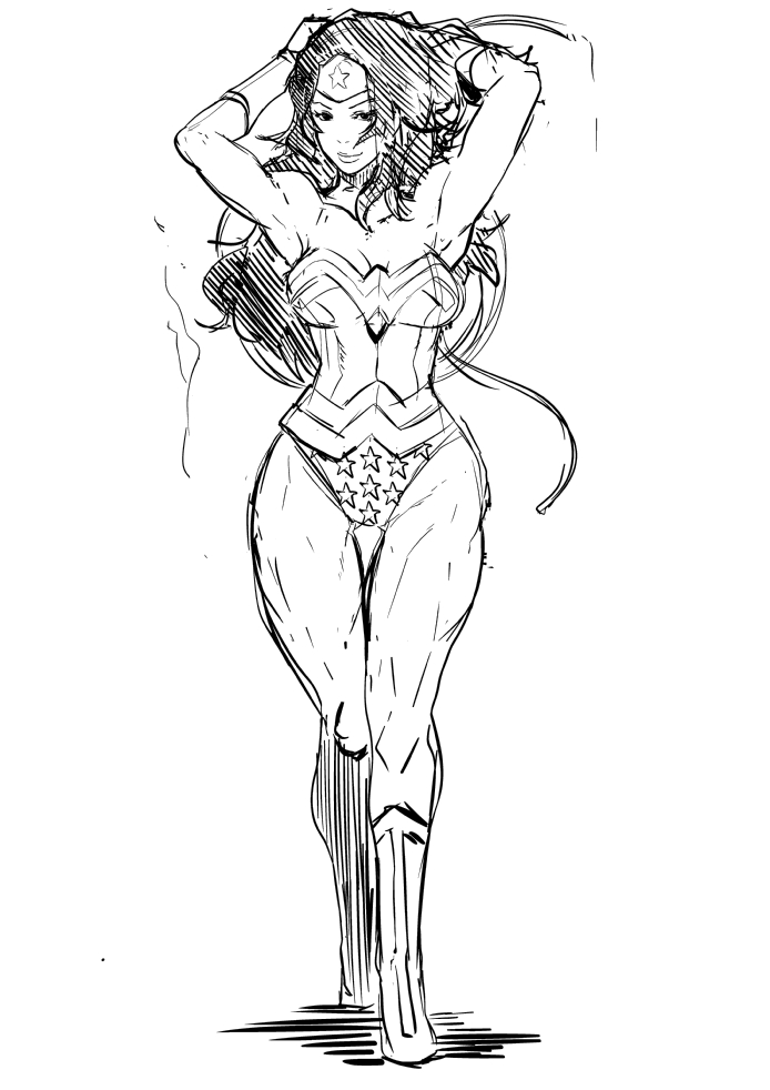 1girl armpits arms_up bare_shoulders boots bracer breastplate breasts dc_comics eroquis forehead_protector knee_boots monochrome muscle sketch solo star thigh_gap toned walking white_background wonder_woman wonder_woman_(series)