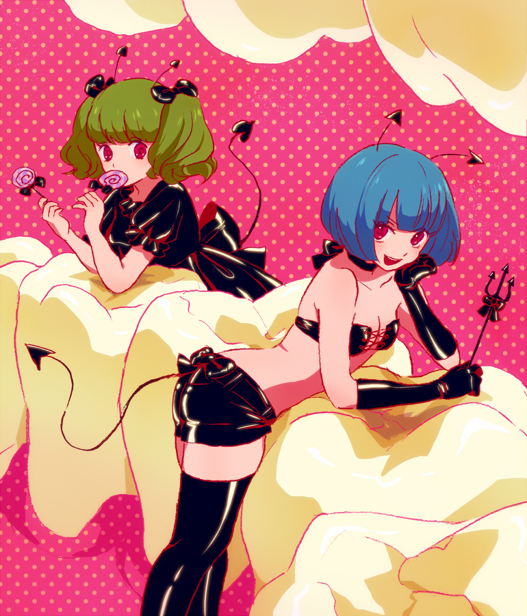 2girls :d akiyamabc bandeau bent_over black_dress black_gloves black_legwear blue_hair bow candy chin_rest demon_girl demon_tail dress elbow_gloves gloves green_hair hair_bow lollipop minigirl multiple_girls open_mouth original polearm polka_dot polka_dot_background red_eyes shiny shiny_clothes short_hair short_shorts short_twintails shorts smile tail teeth thigh-highs trident twintails weapon