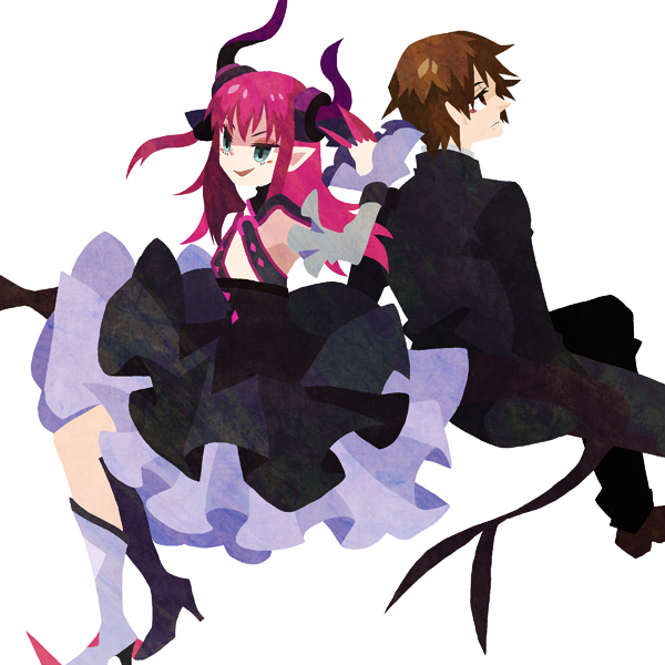 1boy 1girl blue_hair brown_eyes brown_hair detached_sleeves fate/extra_ccc fate_(series) horns kishinami_hakuno_(female) kuroihato lancer_(fate/extra_ccc) pink_hair pointy_shoes school_uniform tail two_side_up