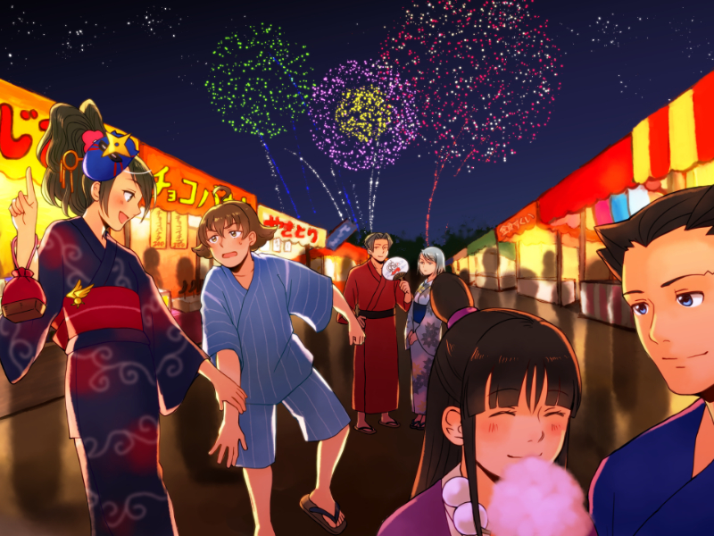 3boys 3girls ^_^ ahoge alternate_costume ayasato_chihiro bag bangs black_hair blue_eyes blue_hair blunt_bangs blush brown_hair closed_eyes cotton_candy fan festival fireworks floral_print frown gyakuten_kenji gyakuten_saiban hair_between_eyes hair_intakes hair_ornament hand_on_hip high_ponytail ichijou_mikumo ichiyanagi_yumihiko japanese_clothes jewelry karakusa_(pattern) karuma_mei key kimono long_hair mask mitsurugi_reiji multiple_boys multiple_girls naruhodou_ryuuichi necklace night night_sky pointing ponytail sandals short_hair shorts sideways_mouth silhouette sky smile standing_on_one_leg star_(sky) starry_sky sweat swept_bangs topknot v_arms vertical_stripes wavy_hair wide_sleeves wrist_grab yukata