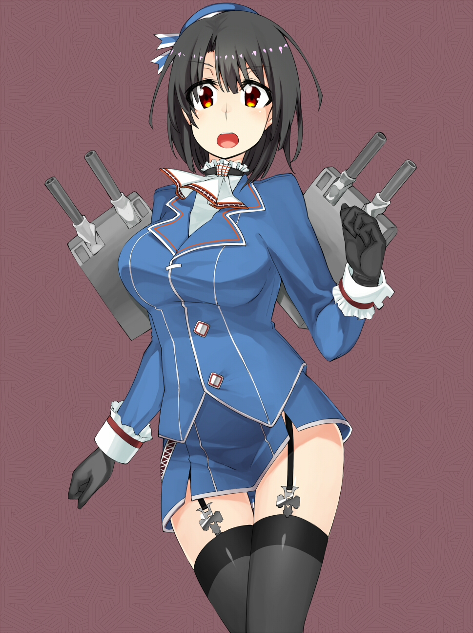 1girl black_gloves black_hair black_legwear blush breasts garter_straps gloves hachi105 hat highres kantai_collection large_breasts looking_at_viewer open_mouth personification red_eyes short_hair solo takao_(kantai_collection) thighhighs