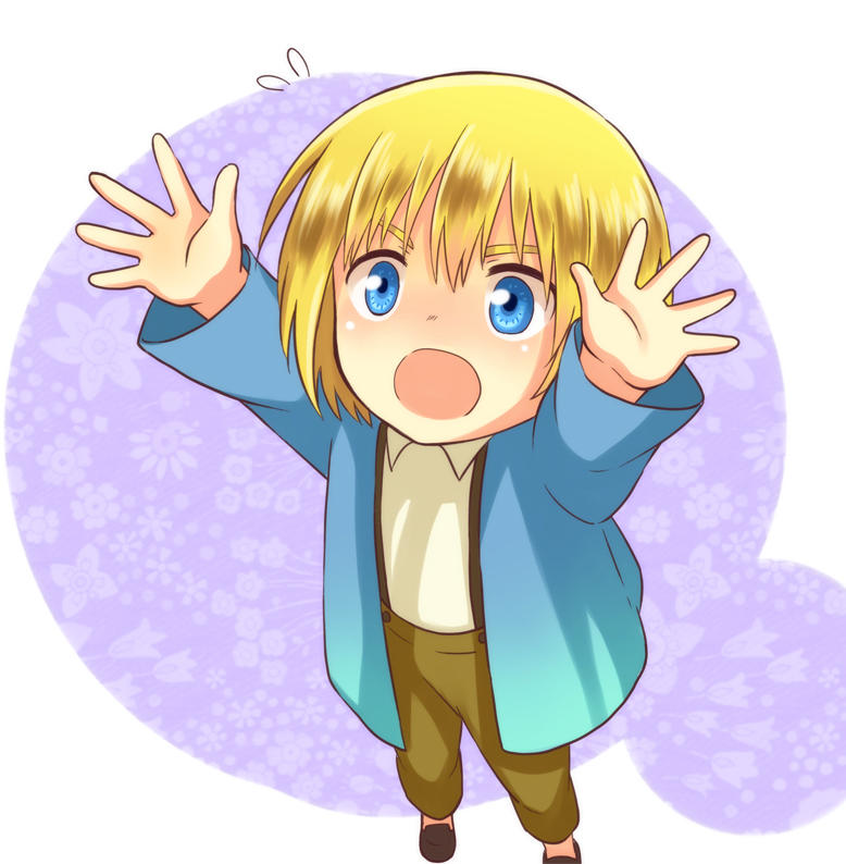 1boy armin_arlert blonde_hair blue_eyes blush carry_me flower flying_sweatdrops long_sleeves moxue_qianxi open_mouth outstretched_arms shingeki_no_kyojin short_hair solo suspenders young