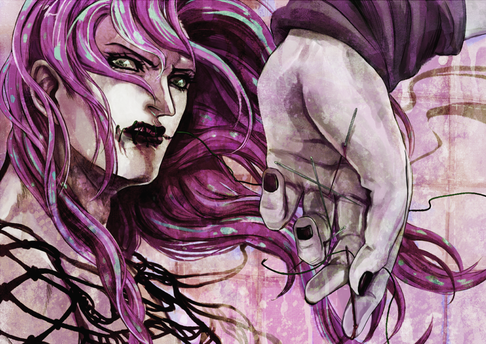 1boy black_eyes blood diavolo fouma hands jojo_no_kimyou_na_bouken lips long_hair needle purple_hair solo stabbed thread