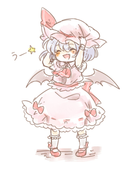 1girl :d arms_up ascot bat_wings blue_hair closed_eyes dress hands_on_hat hat hat_ribbon hat_tug maru_usagi mob_cap open_mouth pigeon-toed pink_dress puffy_sleeves remilia_scarlet ribbon sash short_sleeves simple_background smile solo touhou translated uu~ white_background wings