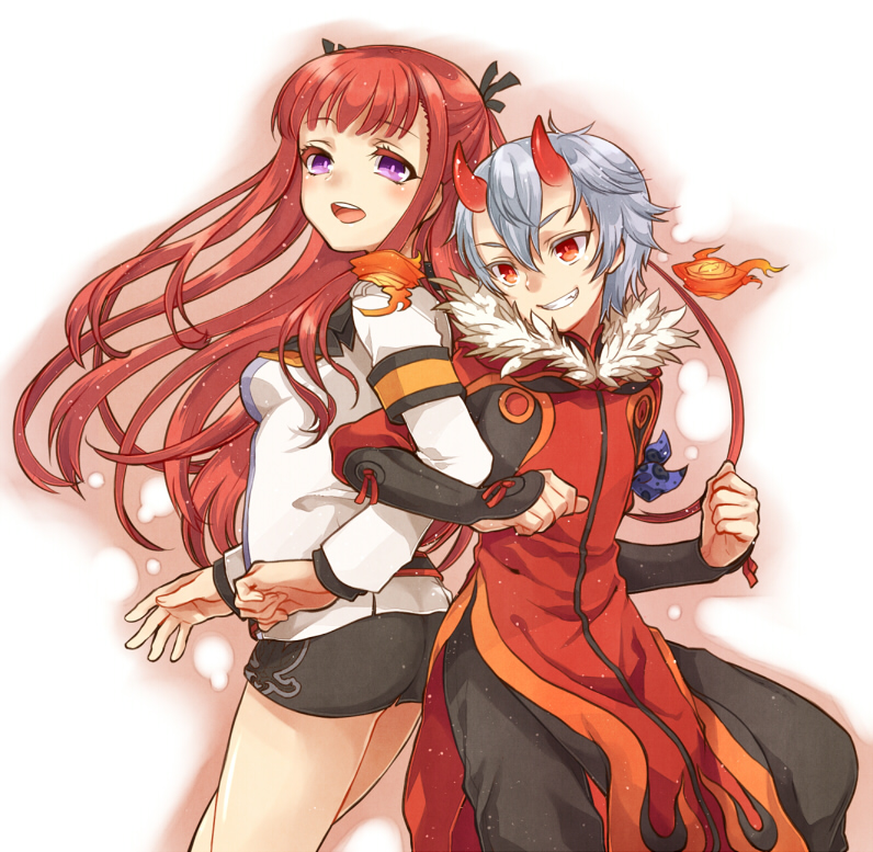 1boy 1girl :d arca_(summon_night) arm_guards armband back-to-back belt fire fur_collar grin horns irouha kagerou_(summon_night) locked_arms long_hair miniskirt open_mouth red_eyes redhead short_hair silver_hair skirt smile summon_night summon_night_5 two_side_up violet_eyes
