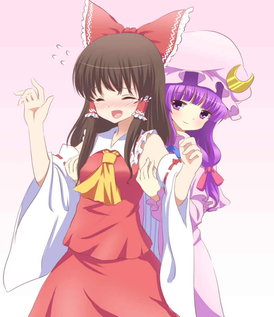 2girls armpits arms_up ascot black_hair blush bow crescent detached_sleeves dress flying_sweatdrops gradient gradient_background hair_bow hair_tubes hakurei_reimu hakuto_(28syuku) long_hair looking_at_another mob_cap multiple_girls open_mouth patchouli_knowledge pink_background purple_hair robe simple_background skirt skirt_set smile striped striped_dress tears tickling touhou violet_eyes